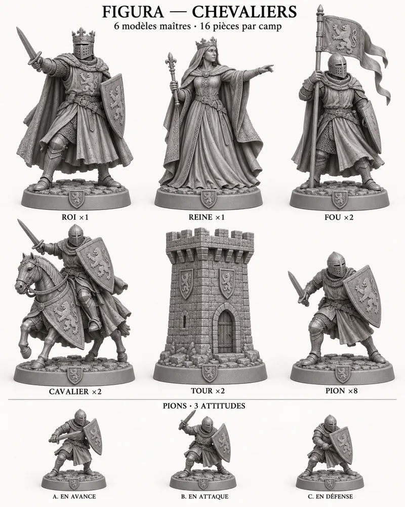 Planche des pièces d’échecs Chevaliers : roi, reine, fou, cavalier, tour et pions