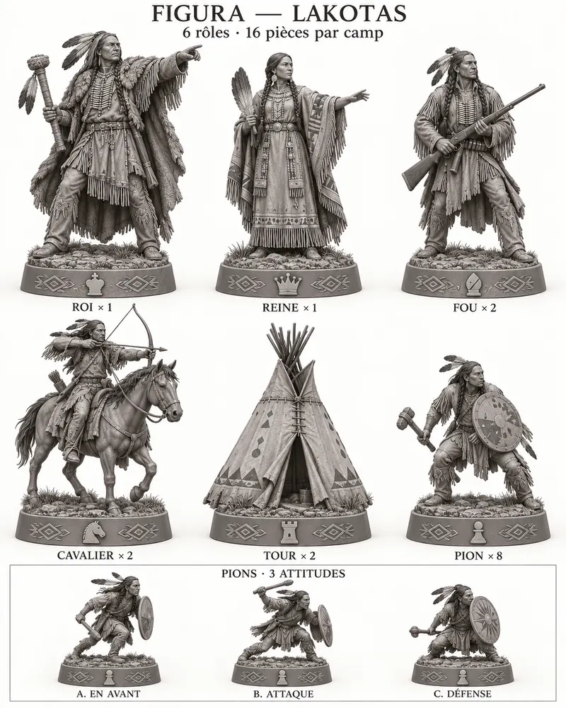 Planche des pièces d’échecs Lakotas : roi, reine, fou, cavalier, tour et pions