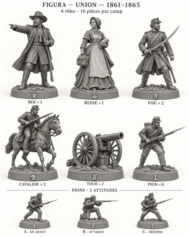 Planche des pièces d’échecs Union