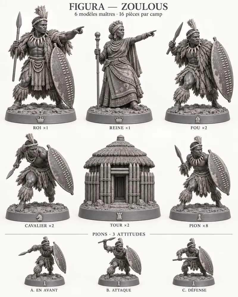 Planche des pièces d’échecs Zoulous : roi, reine, fou, cavalier, tour et pions